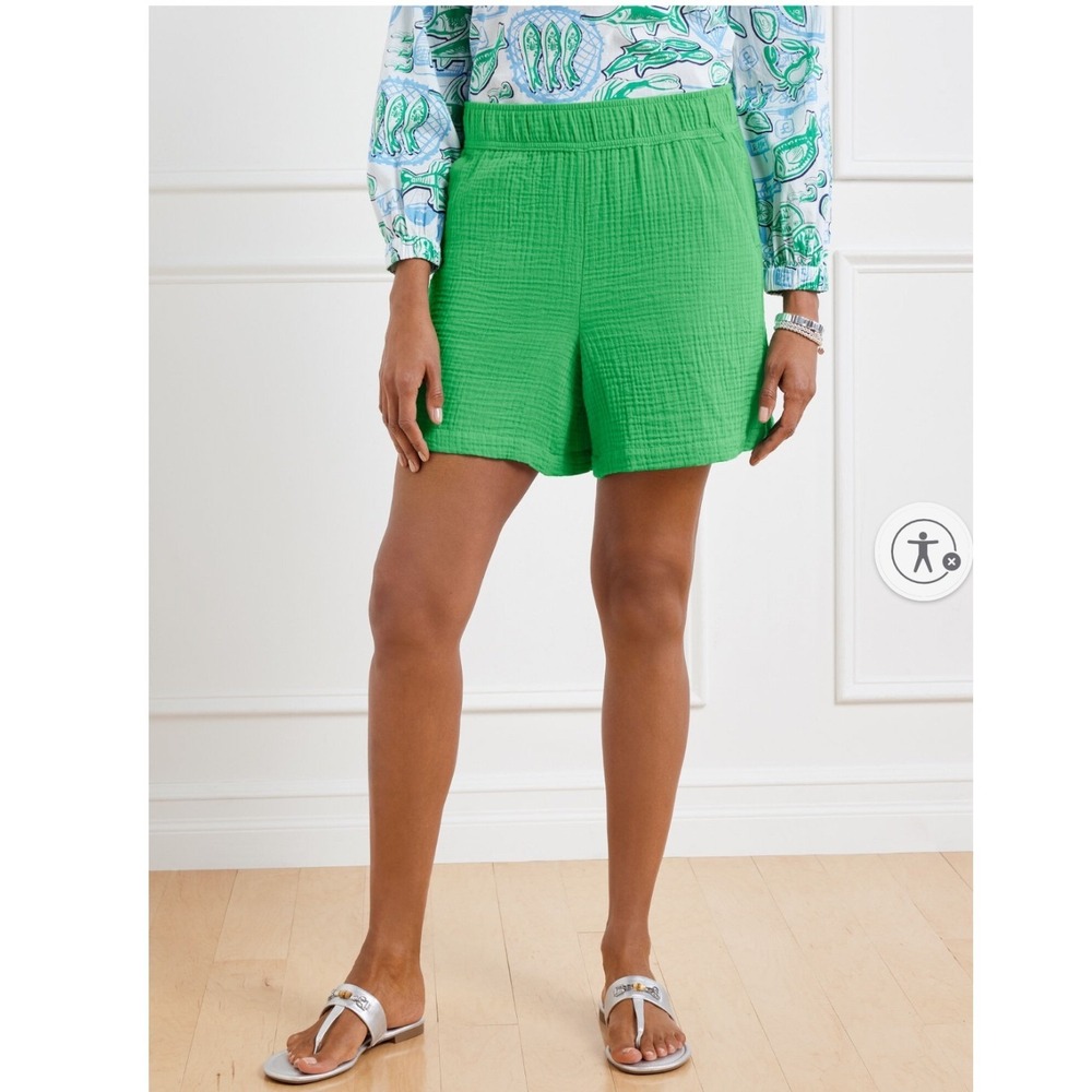 Talbots Green Double Gauze Cotton Elastic Waist Shorts Pockets Sz XS